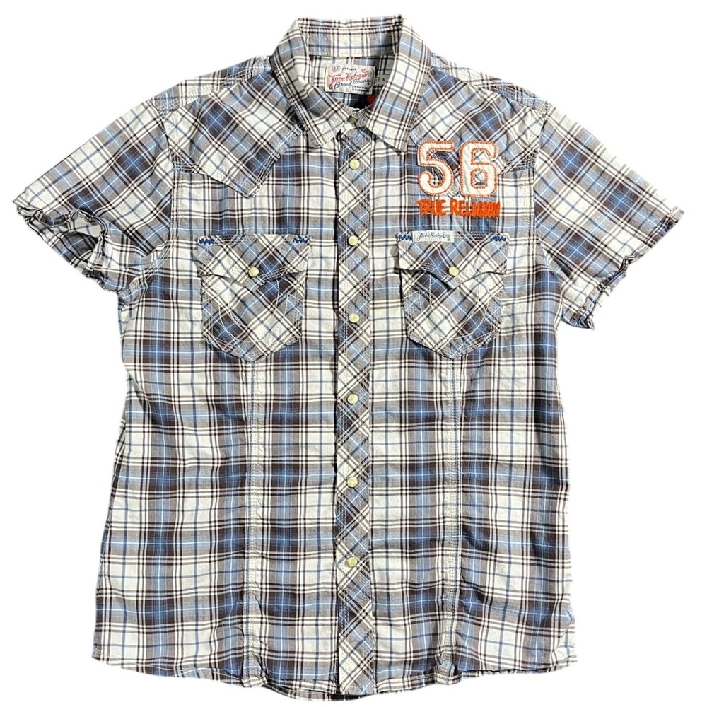 True Religion Blue Plaid Short Sleeve Western Pearl Snap Shirt Embroidered S